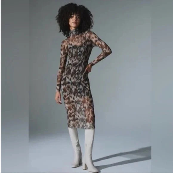 Steve Madden Vivienne Oak Buff Print Mesh Midi Dress L Turtleneck Fairygrunge - Picture 9 of 9